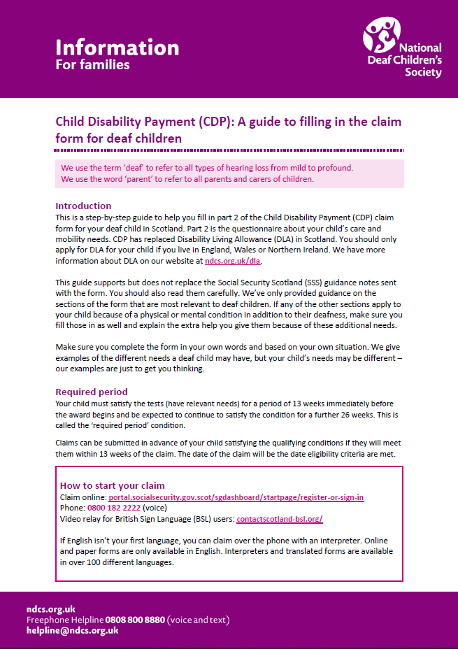 Child Disability Payment: A guide to filling in the claim form for deaf children