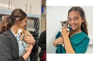 Skye in vet scrubs holding a puppy and kitten