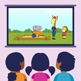 Graphic of children sitting around a classroom screen watching deaf awareness video