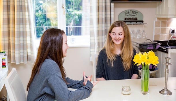 Two teenagers talk to each other at a kitchen table. 