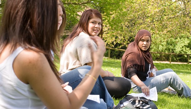 Four young women sat on the grass and signing