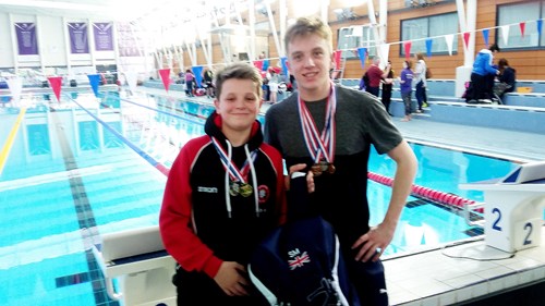 Two boys at a swimming pool