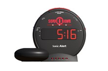 A black, round Sonic Alert Sonic Bomb with red digital numbering.