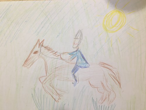 Drawing of girl riding horse.