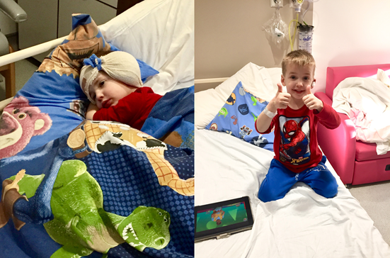 Side by side images of a little boy lying in a hospital bed with a bandage around his head and the same boy kneeling on the bed giving a thumbs up