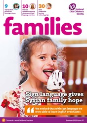 Front cover of the summer issue of NDCS Families magazine showing a young girl smiling and eating an ice cream.