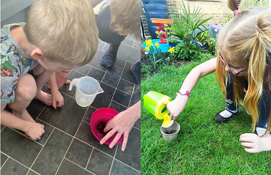 Children planting and watering flowers