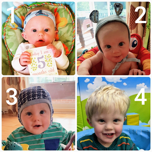 Four way image of the same little boy in different poses with hats on.