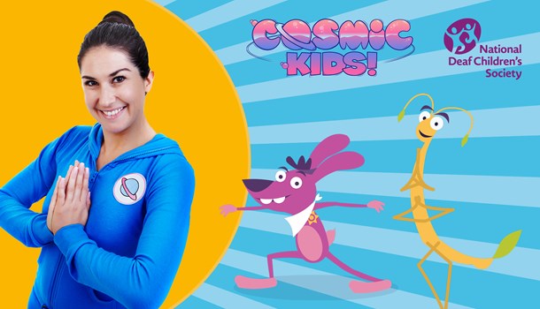 Cosmic Kids Yoga webpage image - yoga instructor with cartoon characters