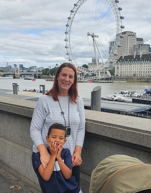 Mum and son in front of London Eye