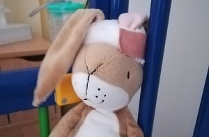 A stuffed rabbit toy with bandages on its ears