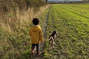 Benji (4) walking in a field with a puppy