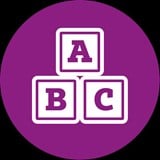 Three alphabet blocks in white squares with purple letters - purple background