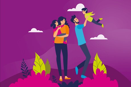 Early years graphic: vivid purple background with a drawing of two adults out walking with young children. One adult is holding a child and the other one is swinging a child in the air