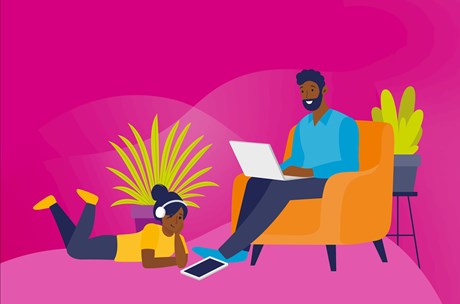 Information and advice graphic: vivid pink background - drawing of an adult sat reading a white sheet of paper in a chair and a child lying on the floor wearing headphones