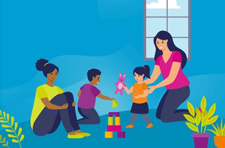 Uniting communities graphic - vivid blue background with a drawing of a family of four playing together