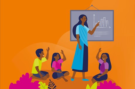 Global influence graphic: vivid orange background and a drawing of a classroom scene with a teacher standing by a blackboard and three children sat on the floor each with an arm in the air