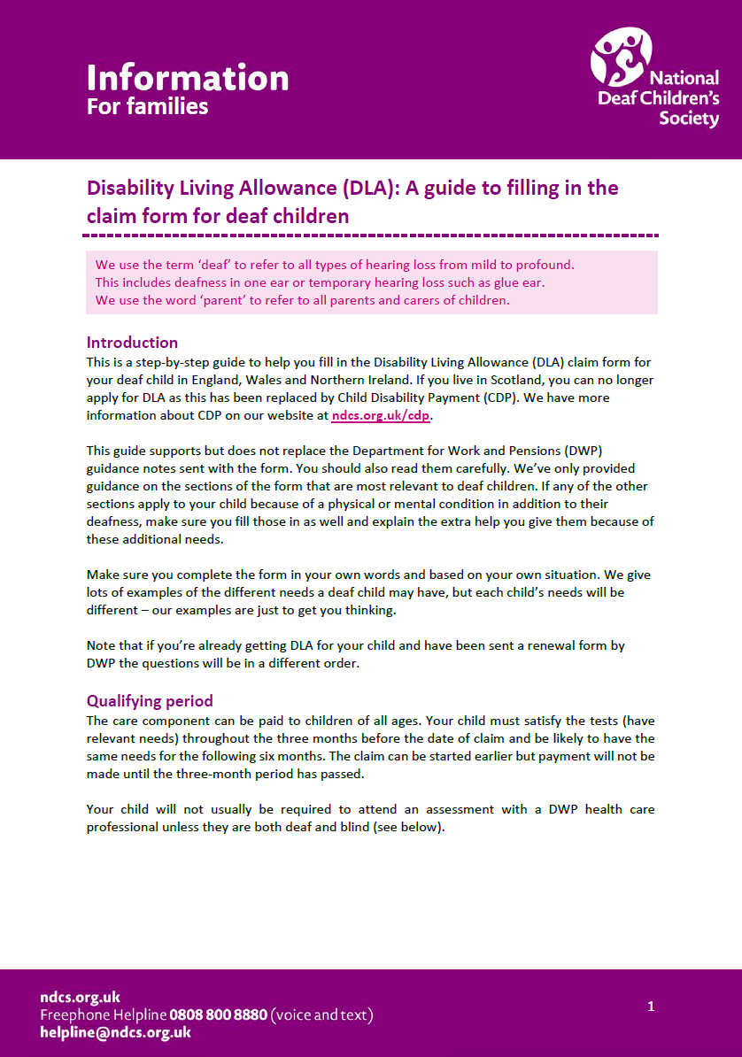 Disability Living Allowance: A guide to filling in the claim form for deaf children