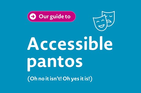 Graphic with a teal-coloured background and two masks representing the drama and comedy of theatre. Text in white: 'Accessible pantos (Oh no it isn't, oh yes it is)'
